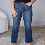 Isley Crop Raw Hem Straight Jeans by Risen Jeans - Dark Wash