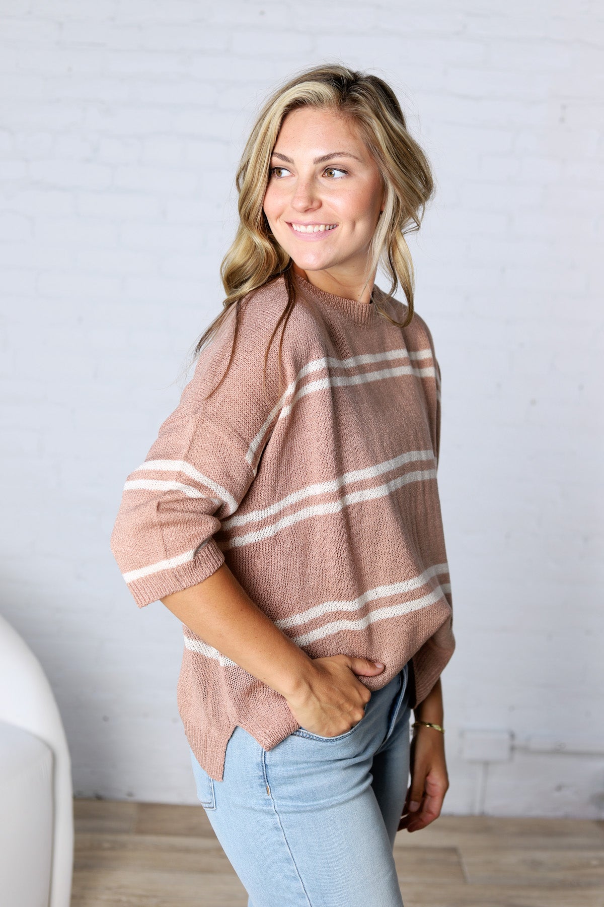 Ismena Drop Shoulder Striped Sweater Top - Taupe