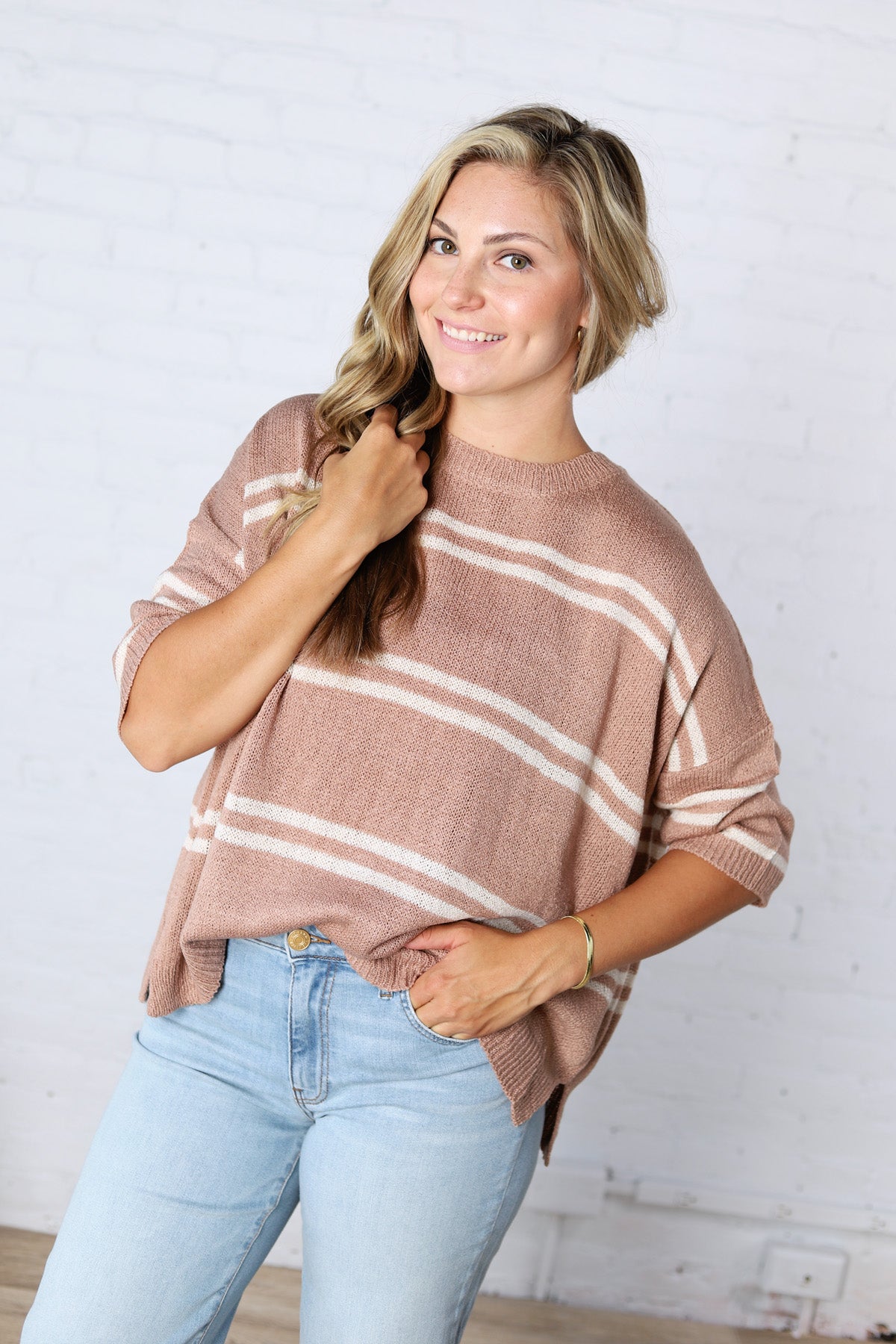 Ismena Drop Shoulder Striped Sweater Top - Taupe
