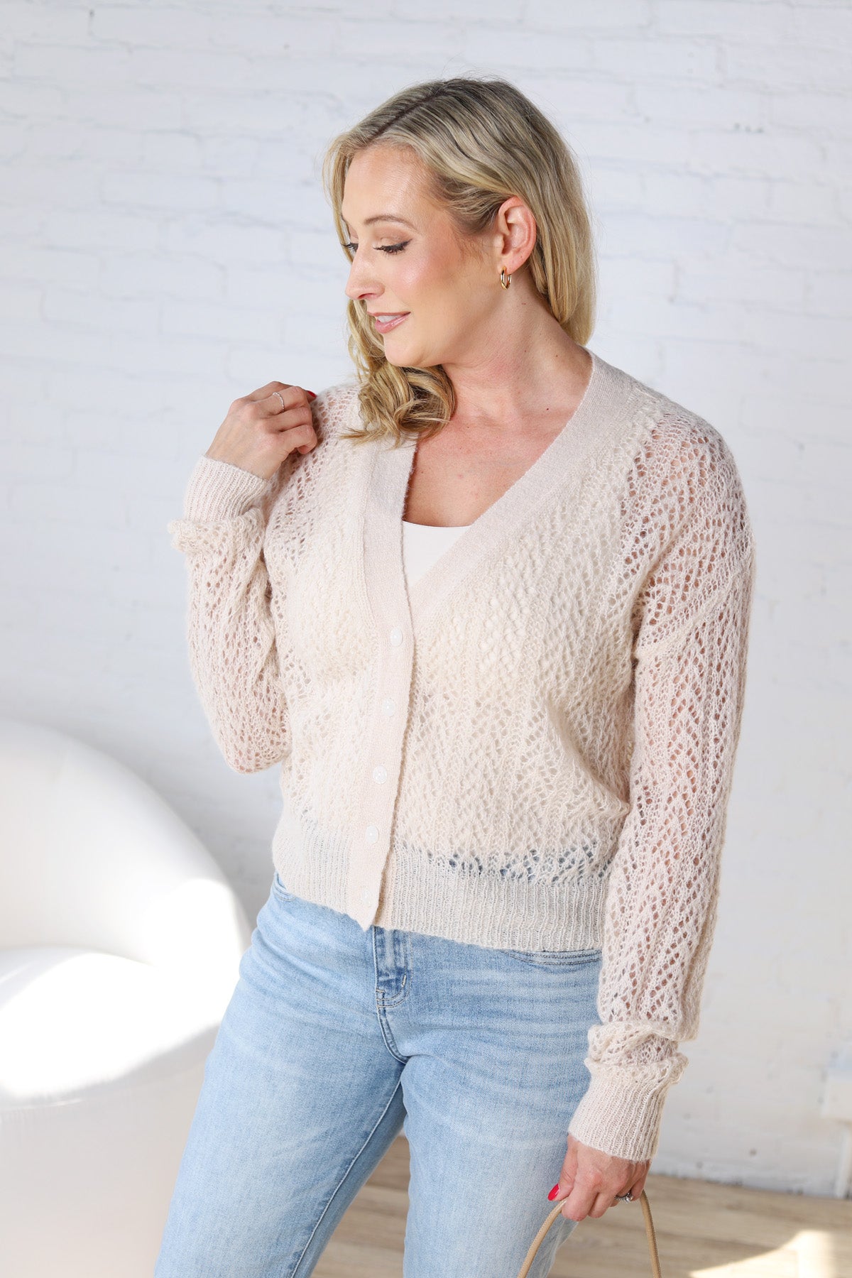 Isolde Button Down Pointelle Cardigan - Natural