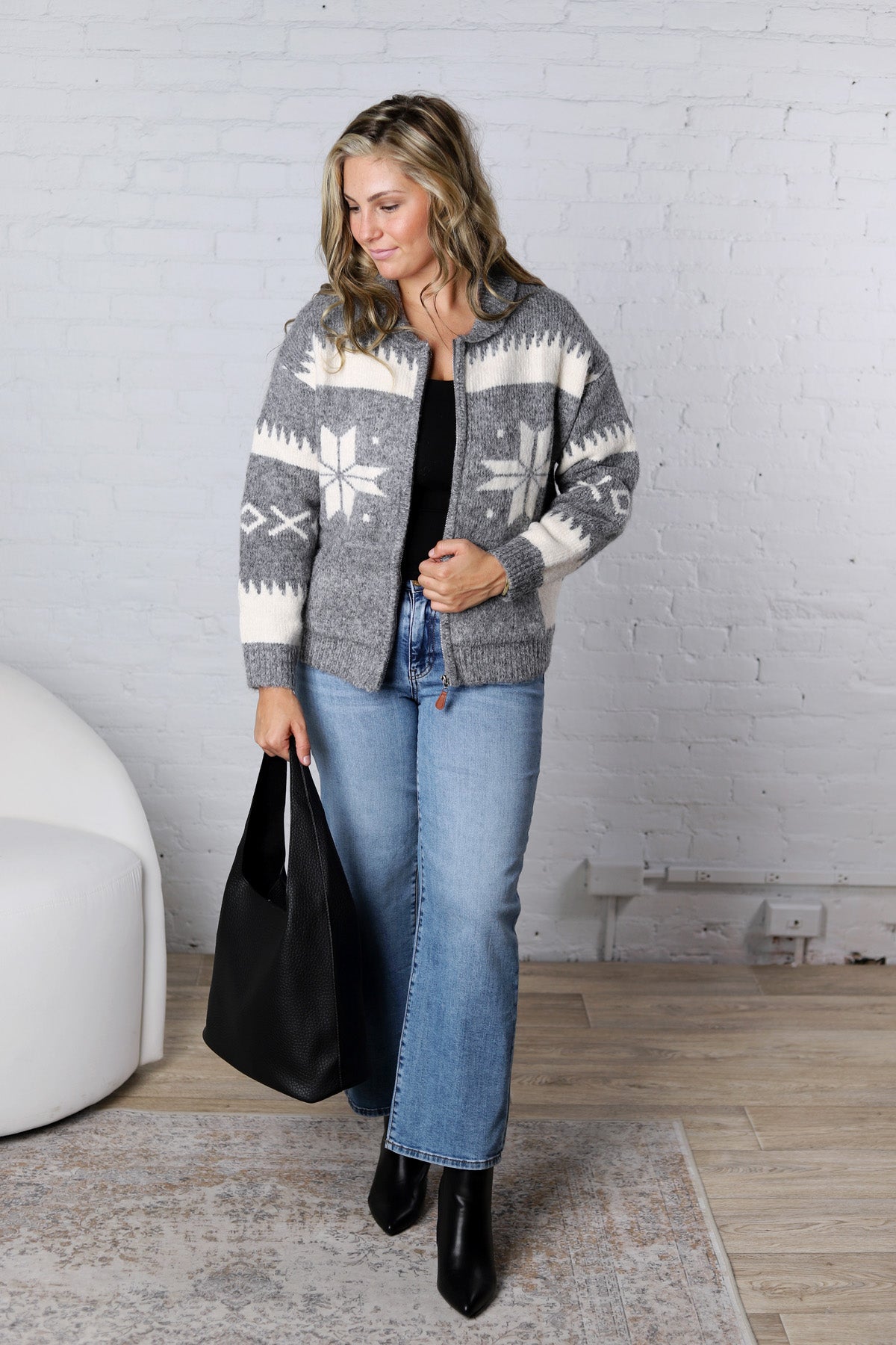 Isolde Fair Isle Snowflake Knit Cardigan - Grey