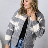 Isolde Fair Isle Snowflake Knit Cardigan - Grey