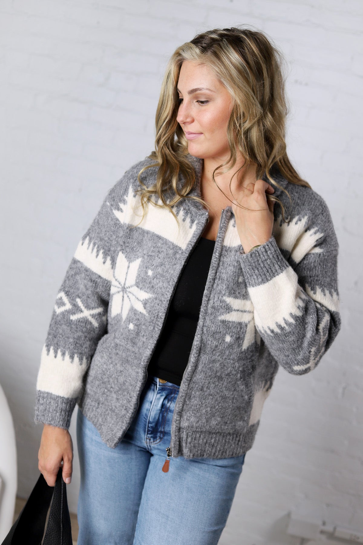 Isolde Fair Isle Snowflake Knit Cardigan - Grey FINAL SALE