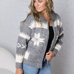 Isolde Fair Isle Snowflake Knit Cardigan - Grey