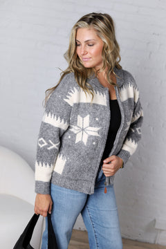 Isolde Fair Isle Snowflake Knit Cardigan - Grey