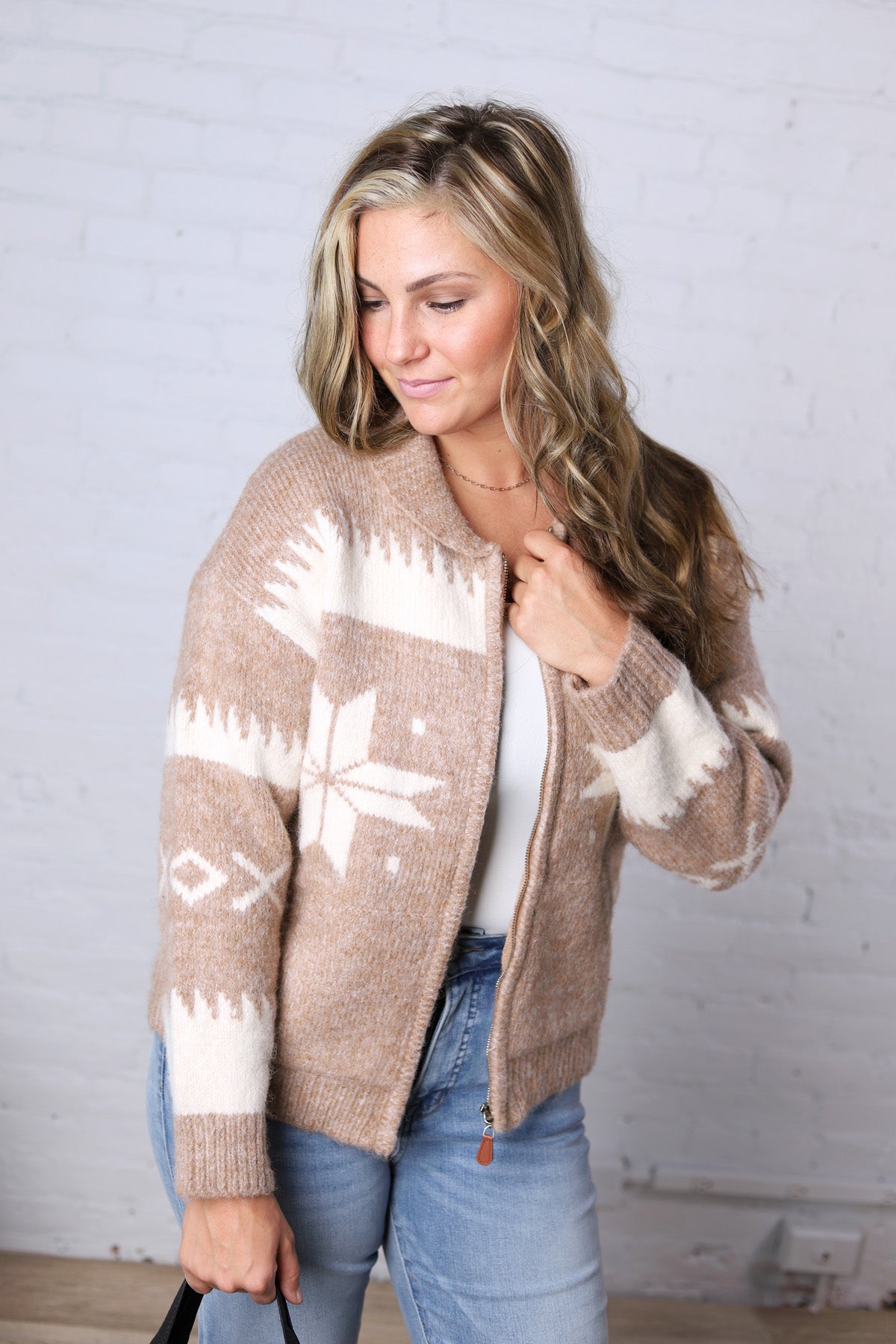 Isolde Fair Isle Snowflake Knit Cardigan - Latte