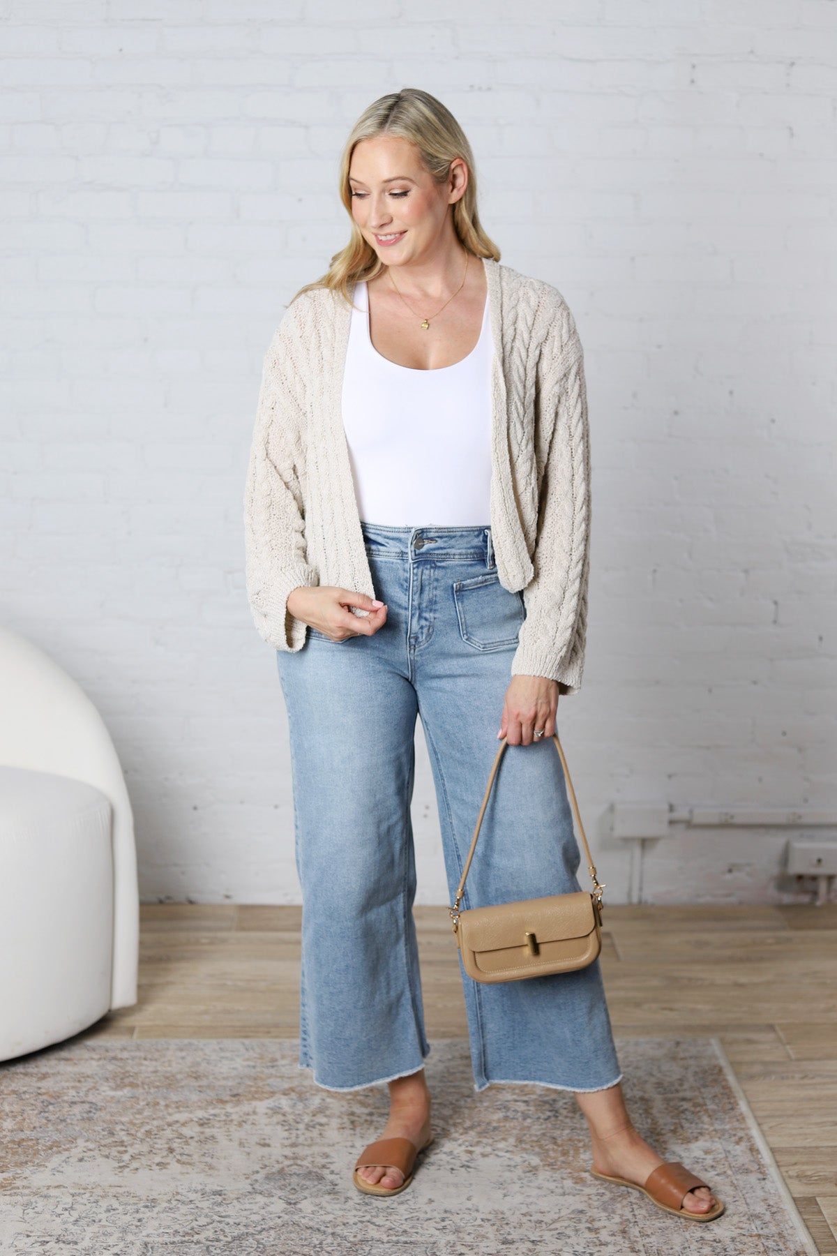Jaida Light Weight Cable Knitted Cardigan - Stone