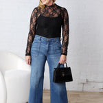 Jerin Merrow Hem Floral Mesh Top - Black