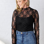 Jerin Merrow Hem Floral Mesh Top - Black **RESTOCK COMING**