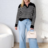 Jesi Soft And Fuzzy Striped Polo Sweater - Black/Taupe