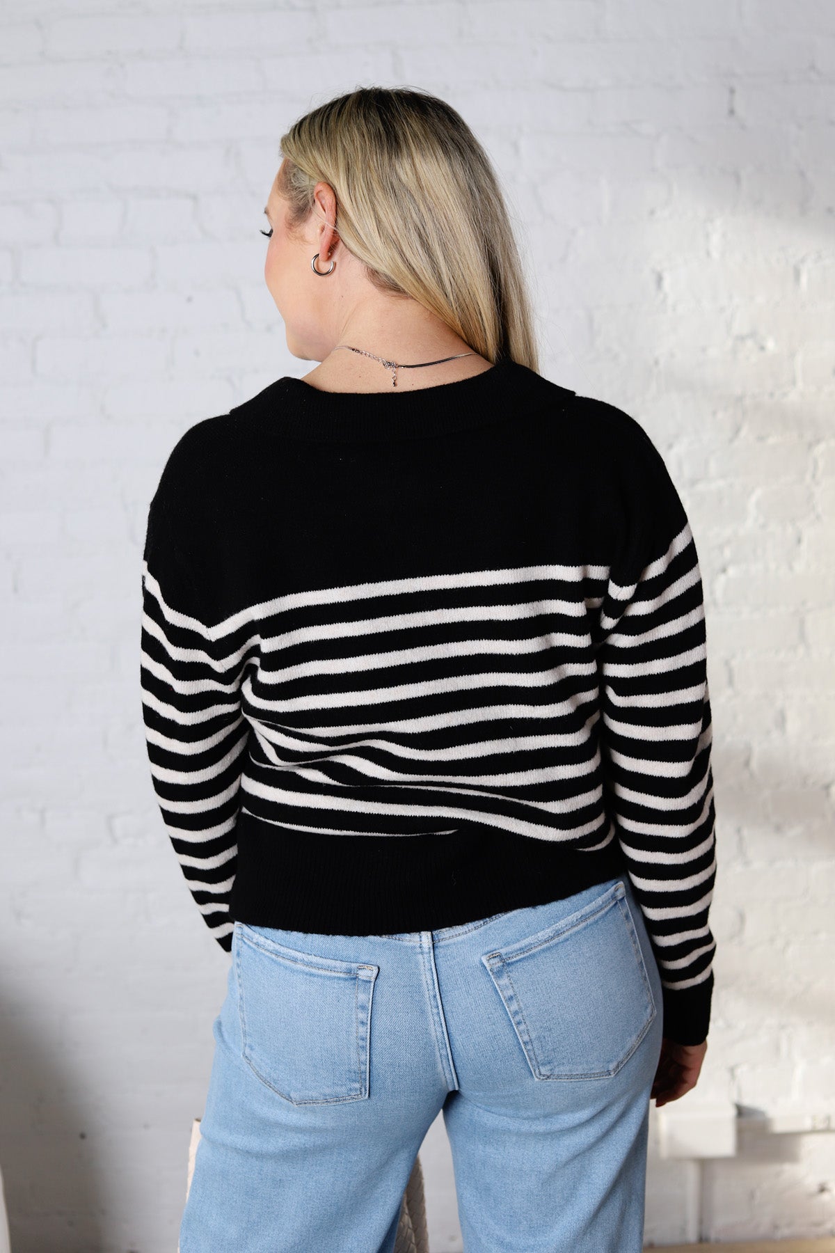 Jesi Soft And Fuzzy Striped Polo Sweater - Black/Taupe