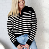 Jesi Soft And Fuzzy Striped Polo Sweater - Black/Taupe