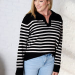 Jesi Soft And Fuzzy Striped Polo Sweater - Black/Taupe