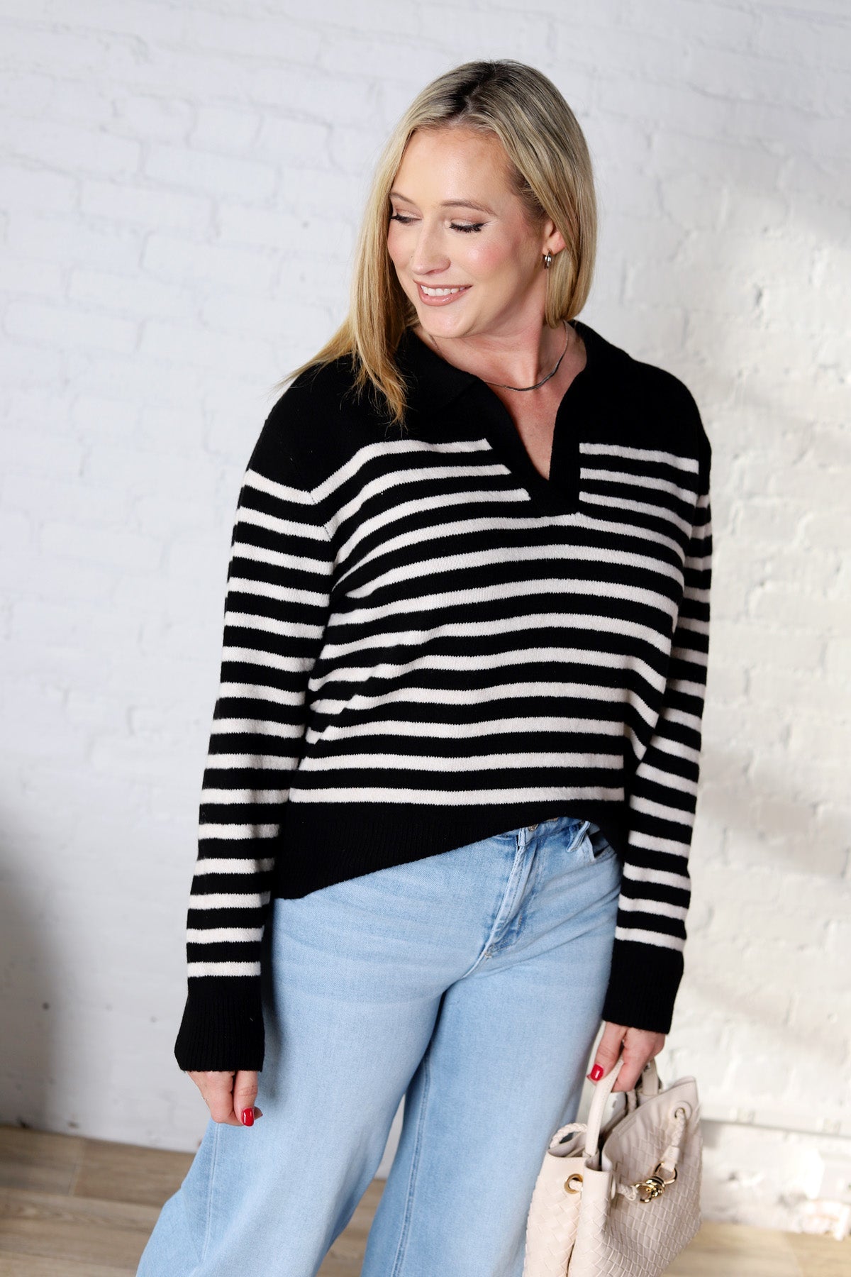 Jesi Soft And Fuzzy Striped Polo Sweater - Black/Taupe