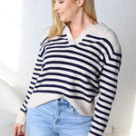 Jesi Soft And Fuzzy Striped Polo Sweater - Ecru/Navy