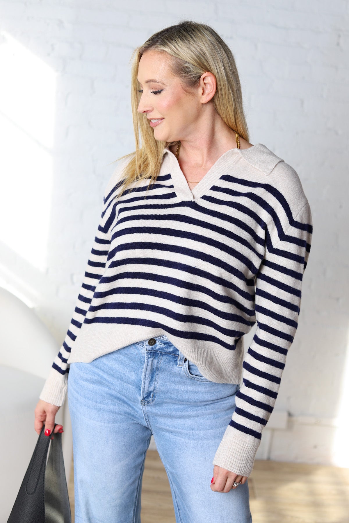 Jesi Soft And Fuzzy Striped Polo Sweater - Ecru/Navy