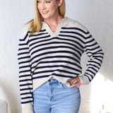 Jesi Soft And Fuzzy Striped Polo Sweater - Ecru/Navy