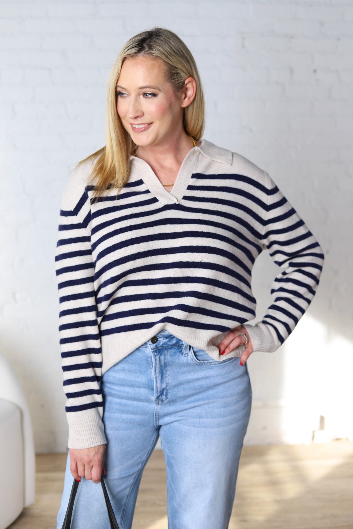 Jesi Soft And Fuzzy Striped Polo Sweater - Ecru/Navy