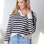 Jesi Soft And Fuzzy Striped Polo Sweater - Ecru/Navy