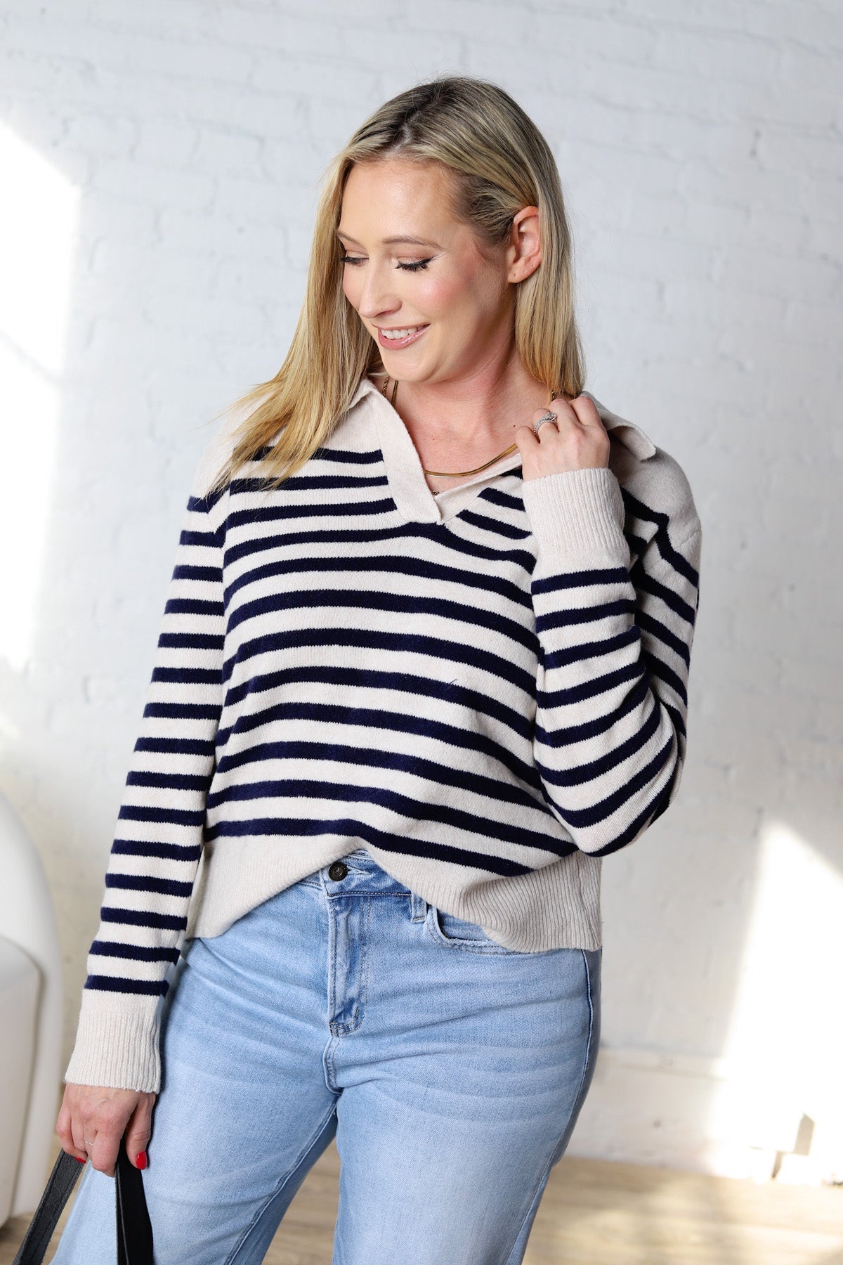 Jesi Soft And Fuzzy Striped Polo Sweater - Ecru/Navy