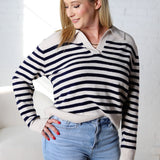 Jesi Soft And Fuzzy Striped Polo Sweater - Ecru/Navy