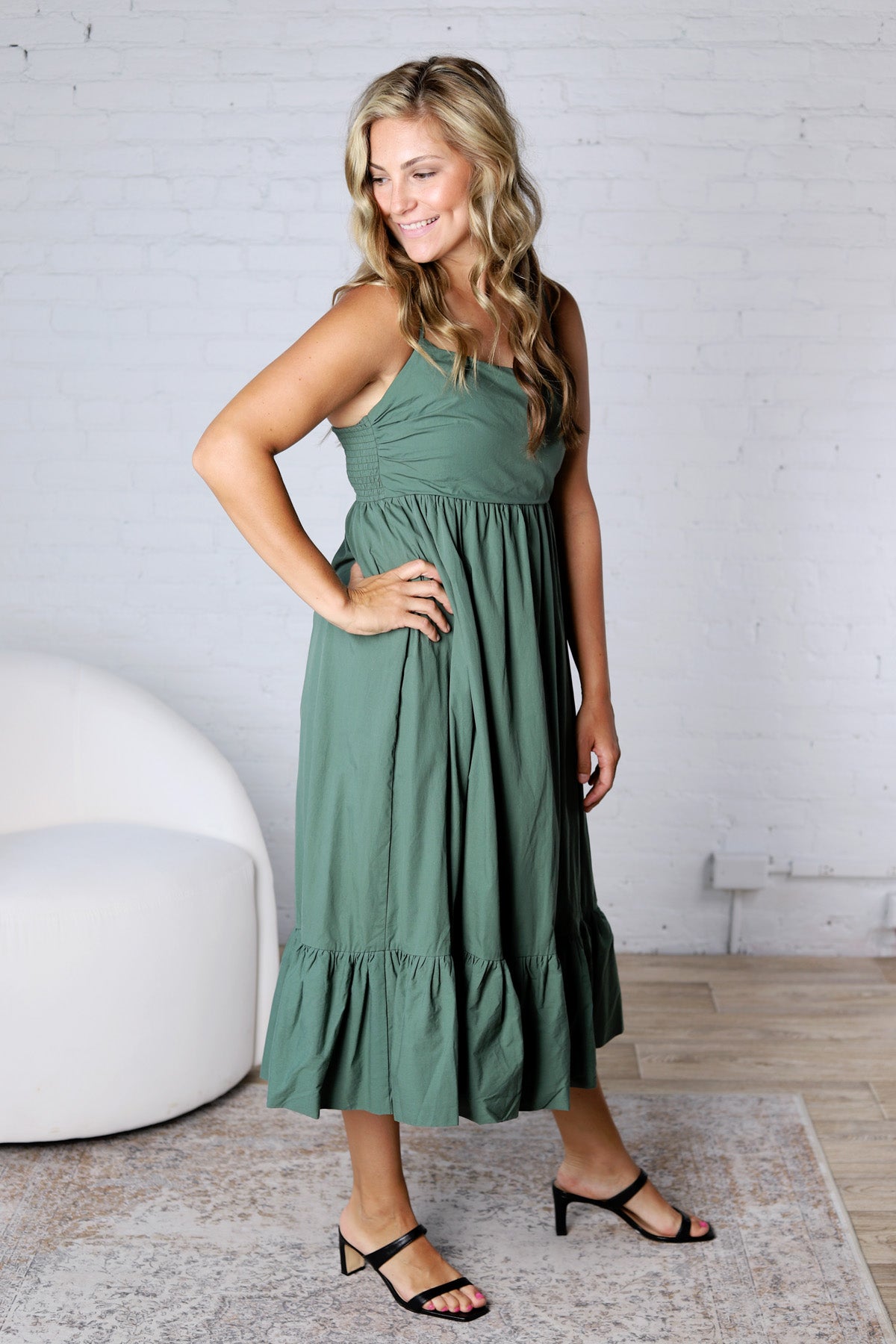 Jiselle Shirring Top Tiered Midi Dress
