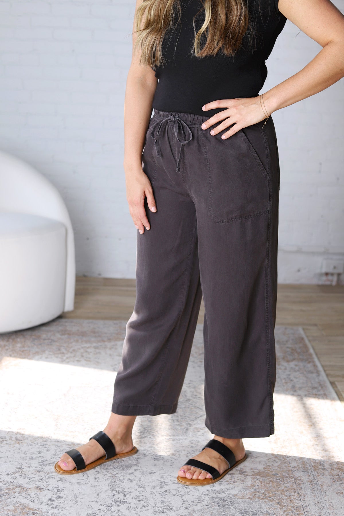 Joliee Tencel Wide Leg Drawstring Pants - Charcoal