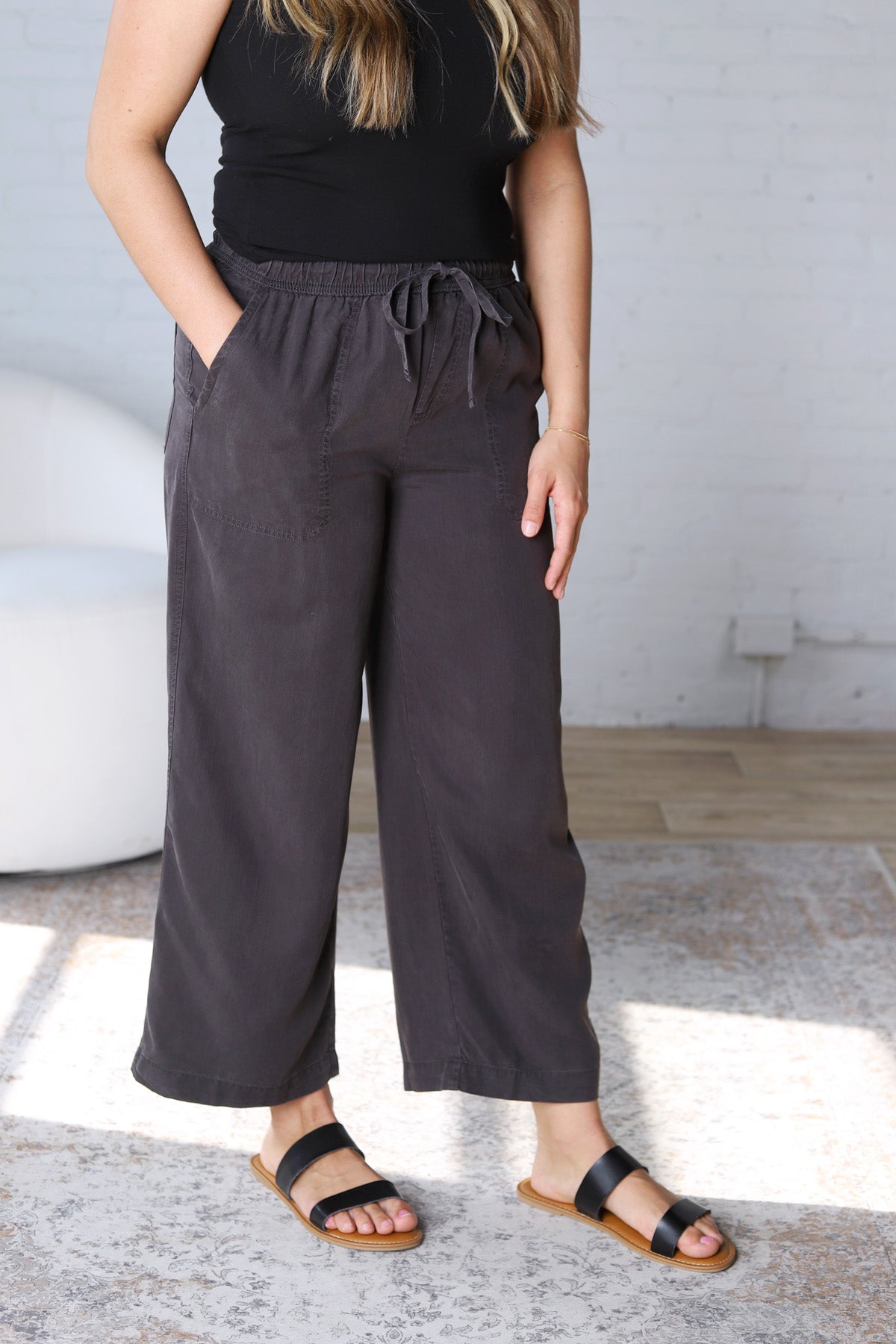 Joliee Tencel Wide Leg Drawstring Pants - Charcoal