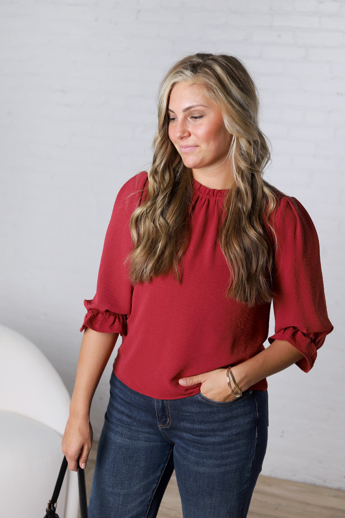Jori Ruffle Neck Blouse - Red
