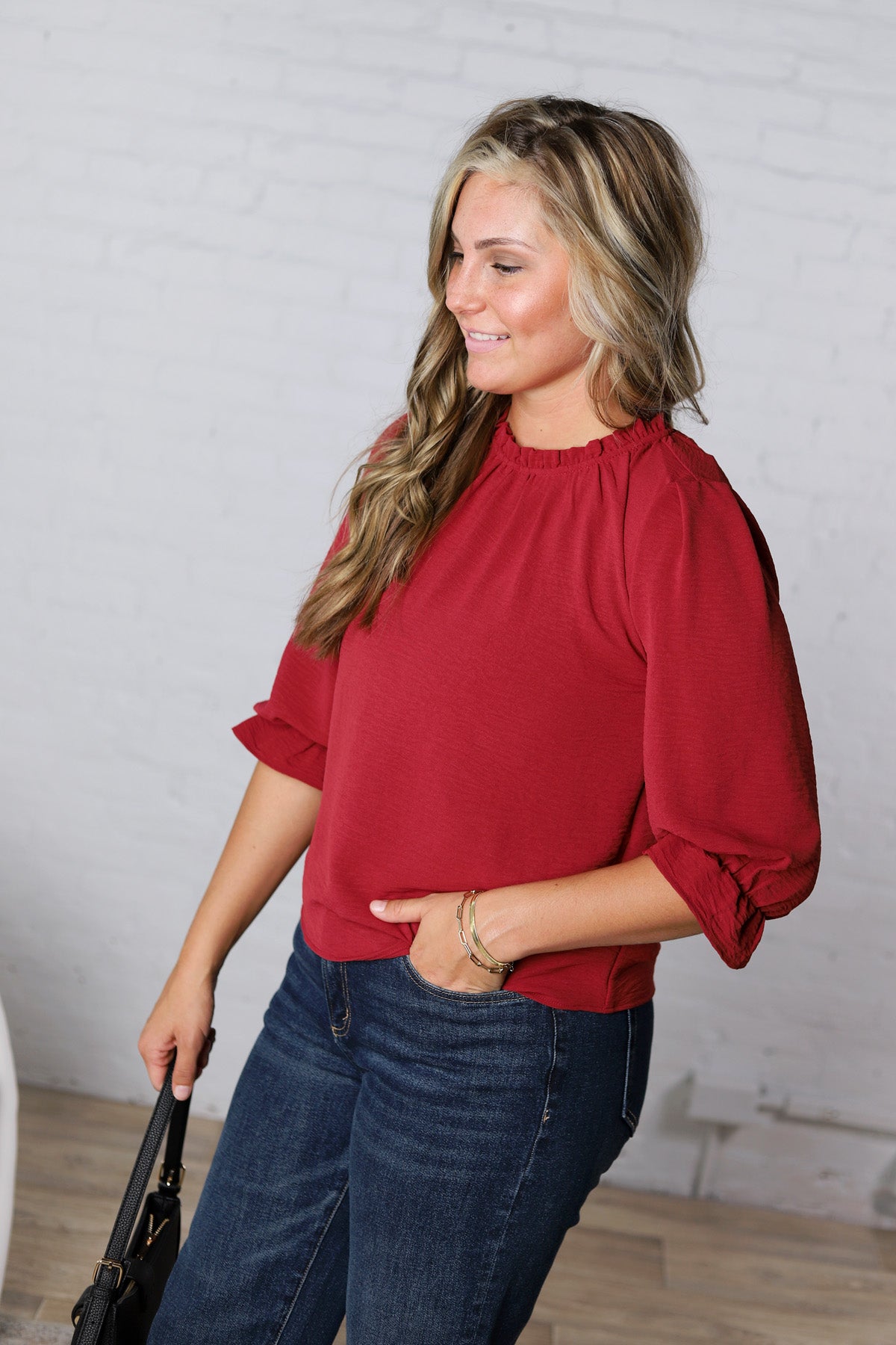 Jori Ruffle Neck Blouse - Red
