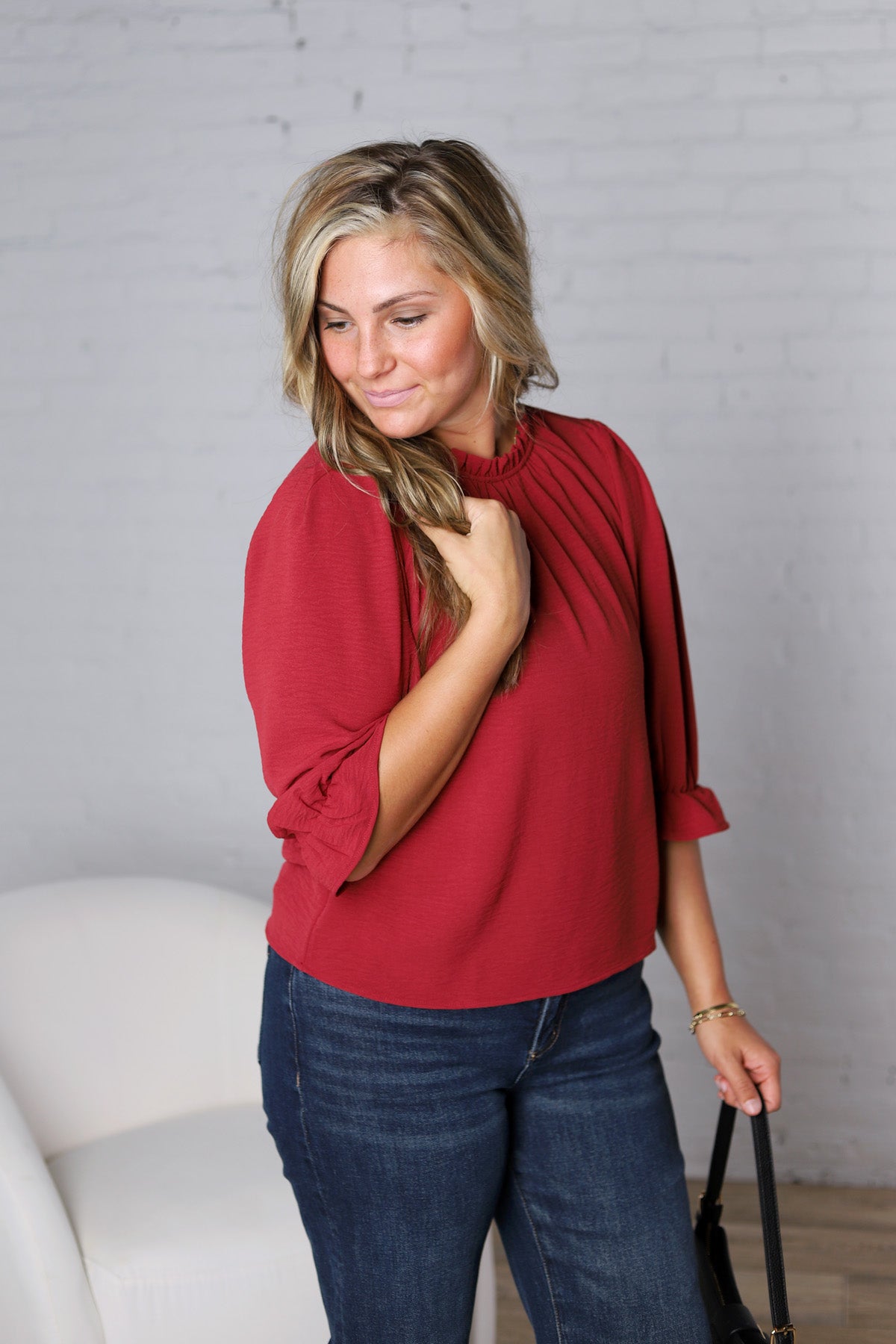 Jori Ruffle Neck Blouse - Red