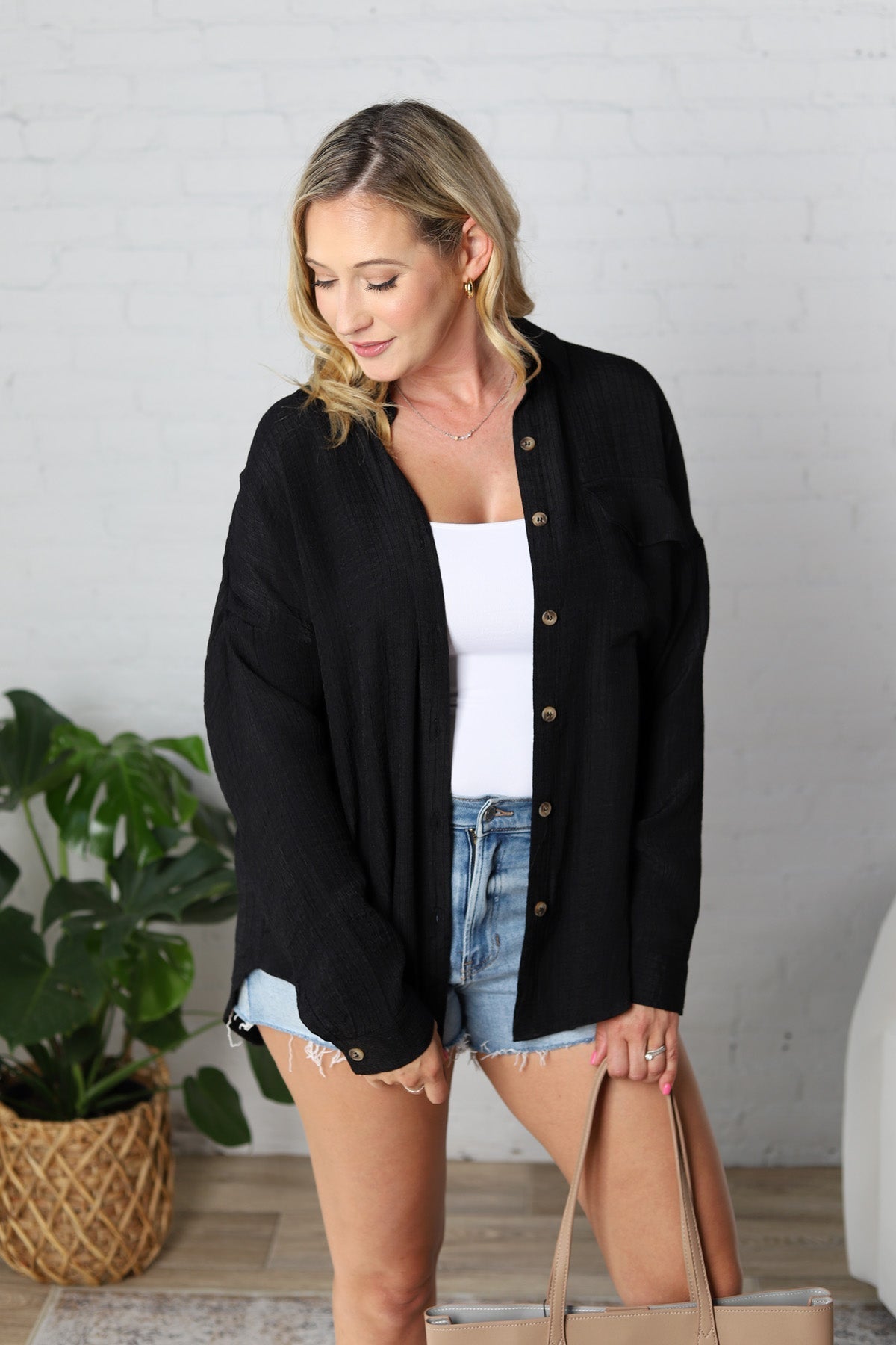 Josie Solid Lightweight Button Down Shirt - Black - FINAL SALE