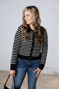 Joss Striped Crew Neck Cardigan - Black