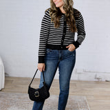 Joss Striped Crew Neck Cardigan - Black