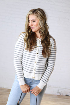 Joss Striped Crew Neck Cardigan - Ivory