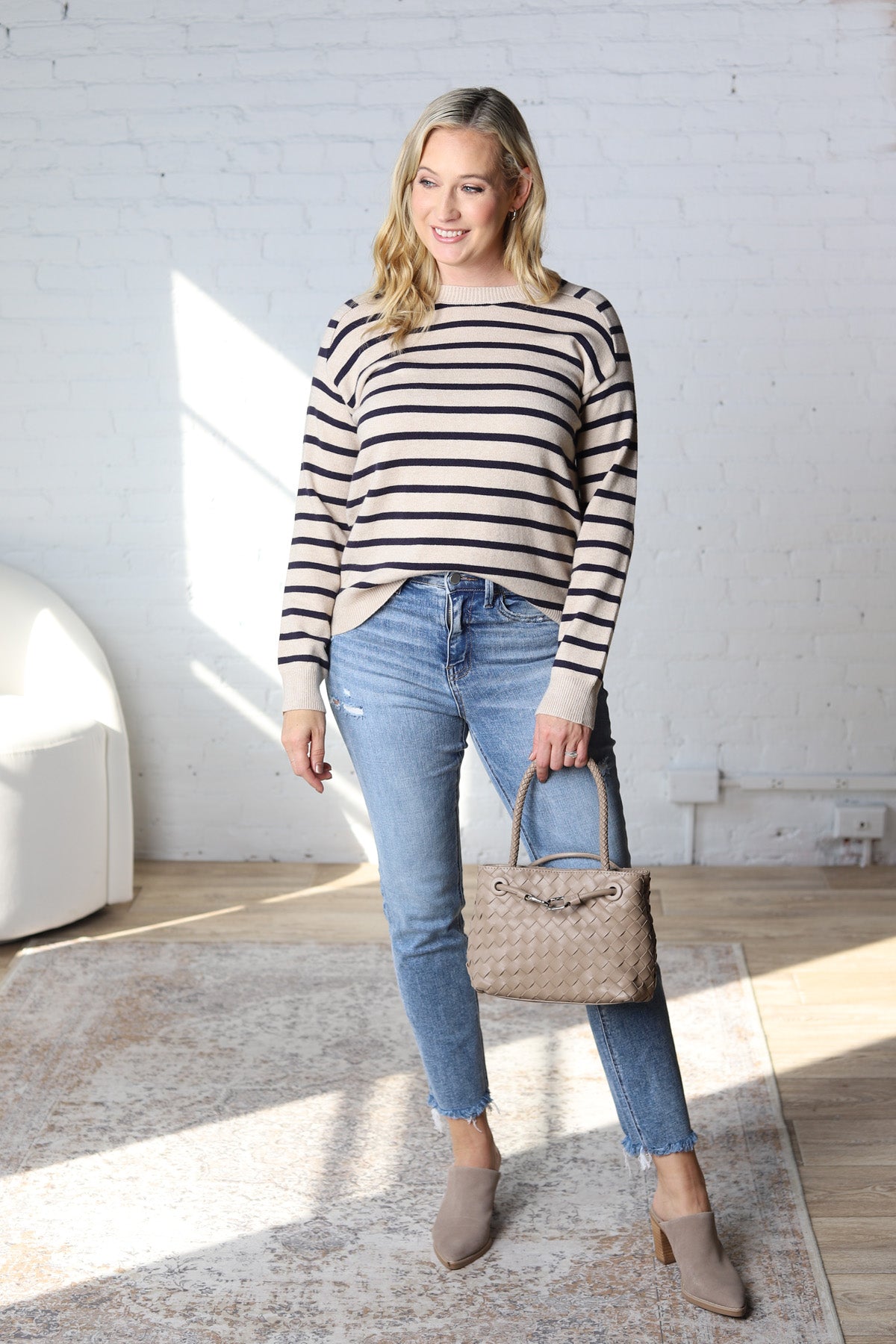 Jovie Striped Raglan Sweater - Oatmeal + Navy