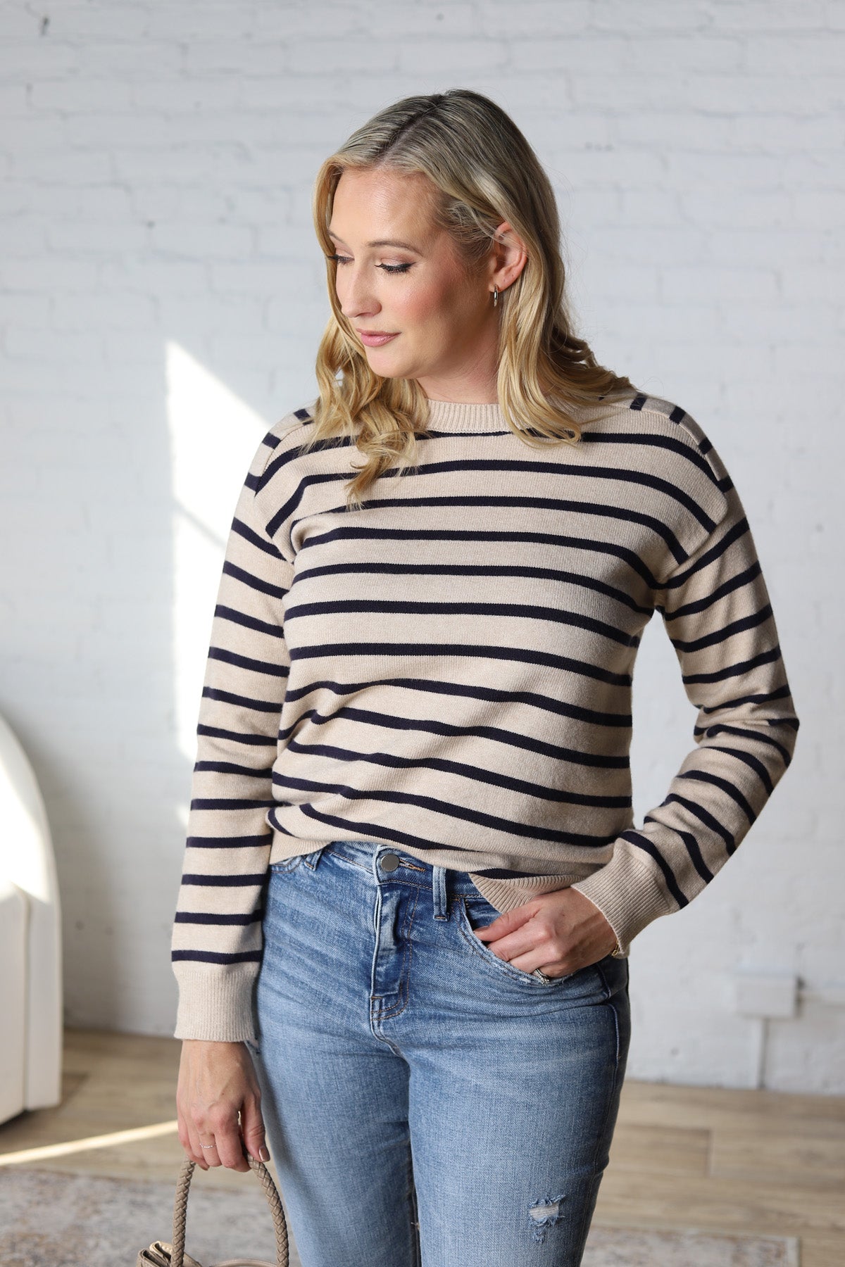 Jovie Striped Raglan Sweater - Oatmeal + Navy