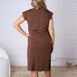Kai Round Neck Short Sleeve Midi Dress - Brown