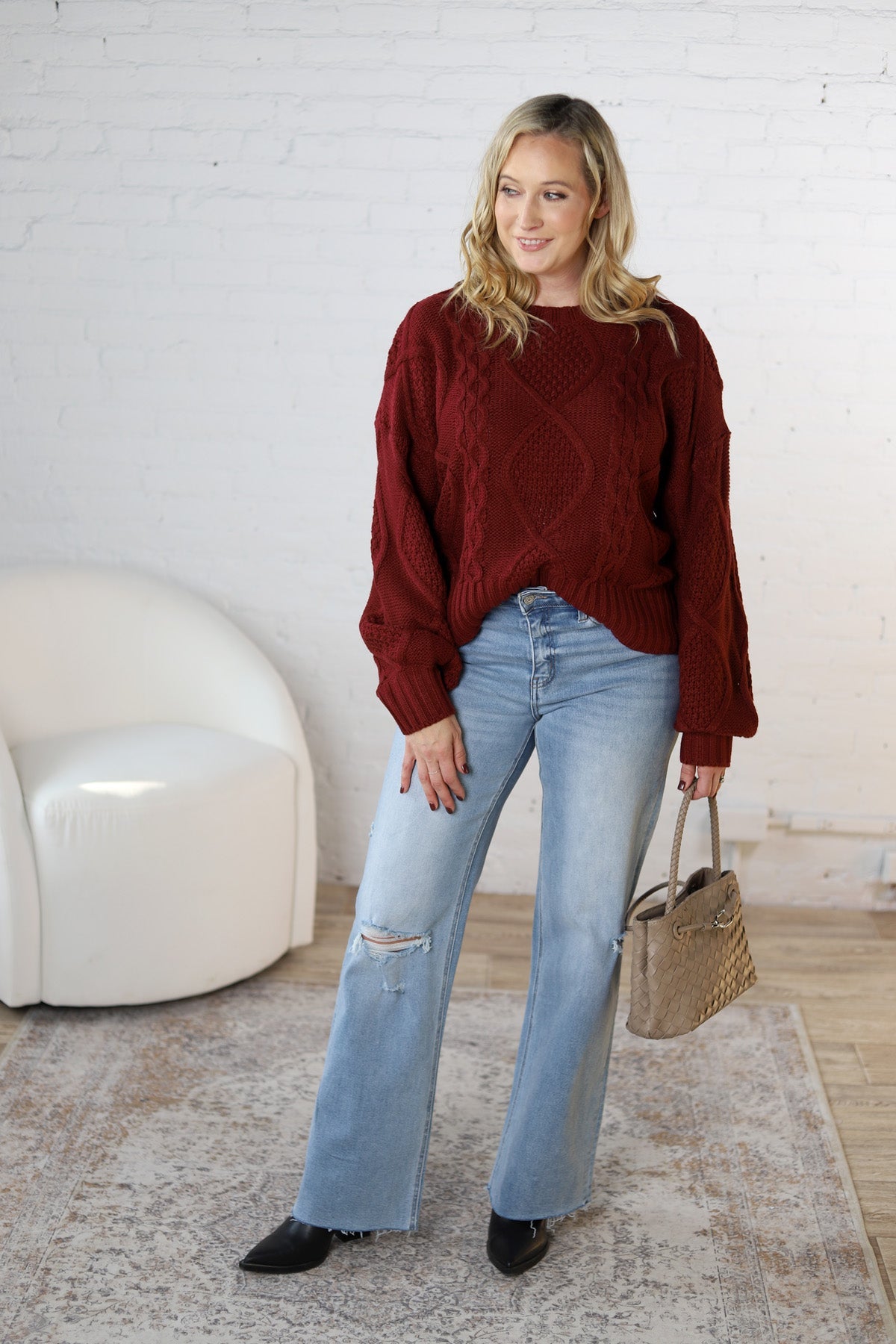 Kaia Cable Knit Sweater - Wine