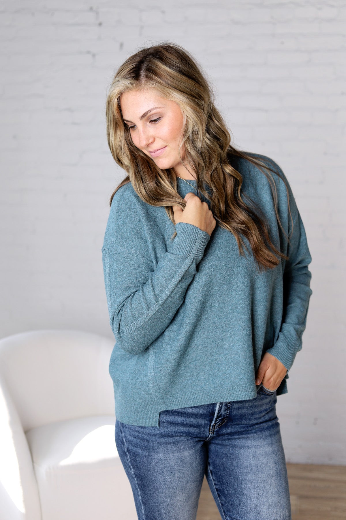 Kaia Oversized Slub Yarn Sweater - Teal