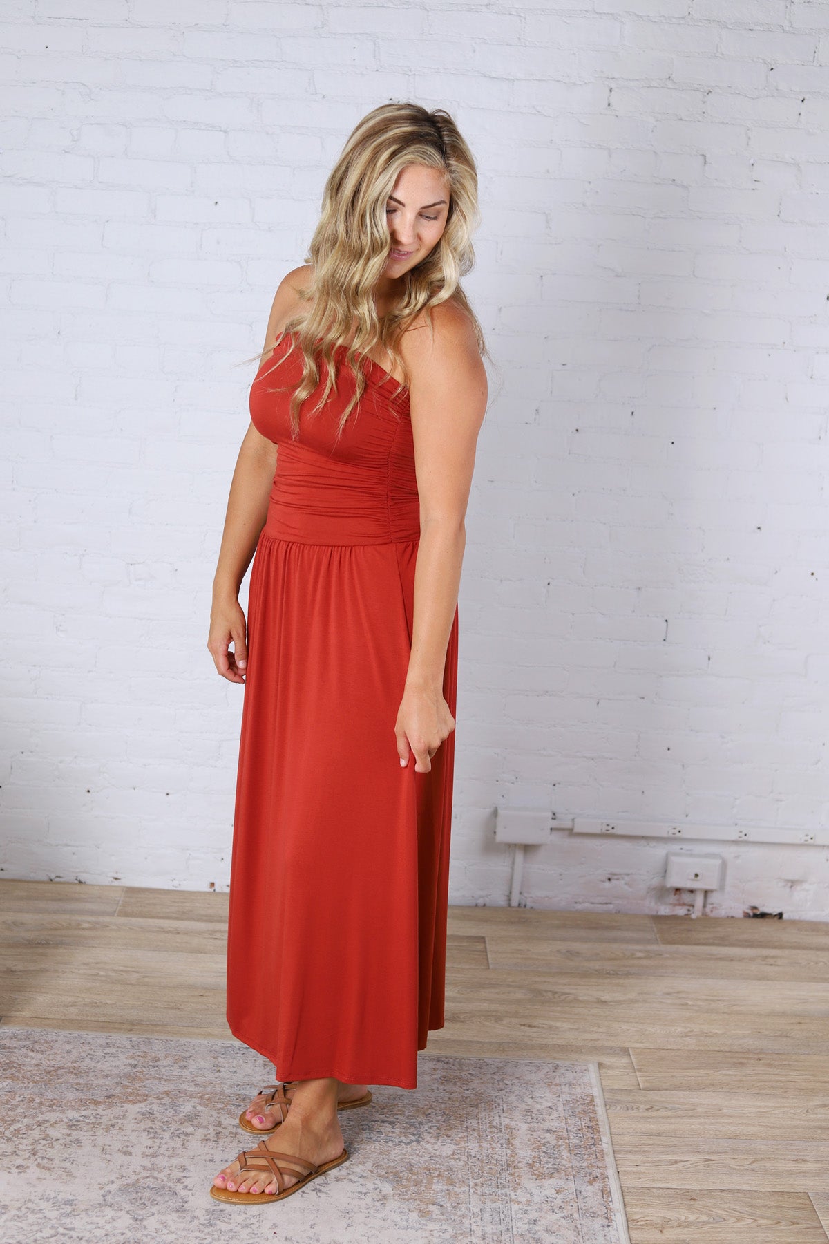Kaia Strapless Ruched Maxi Dress - Brick