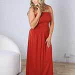 Kaia Strapless Ruched Maxi Dress - Brick