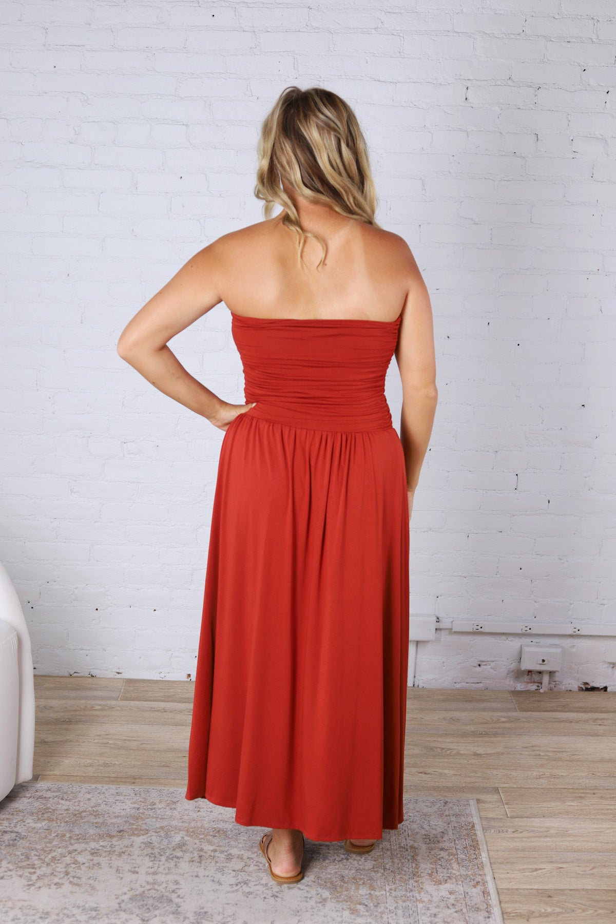 Kaia Strapless Ruched Maxi Dress - Brick