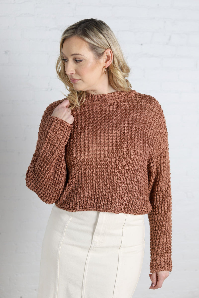 Kaitlyn Crochet Knit Crew Neck Sweater - Sienna
