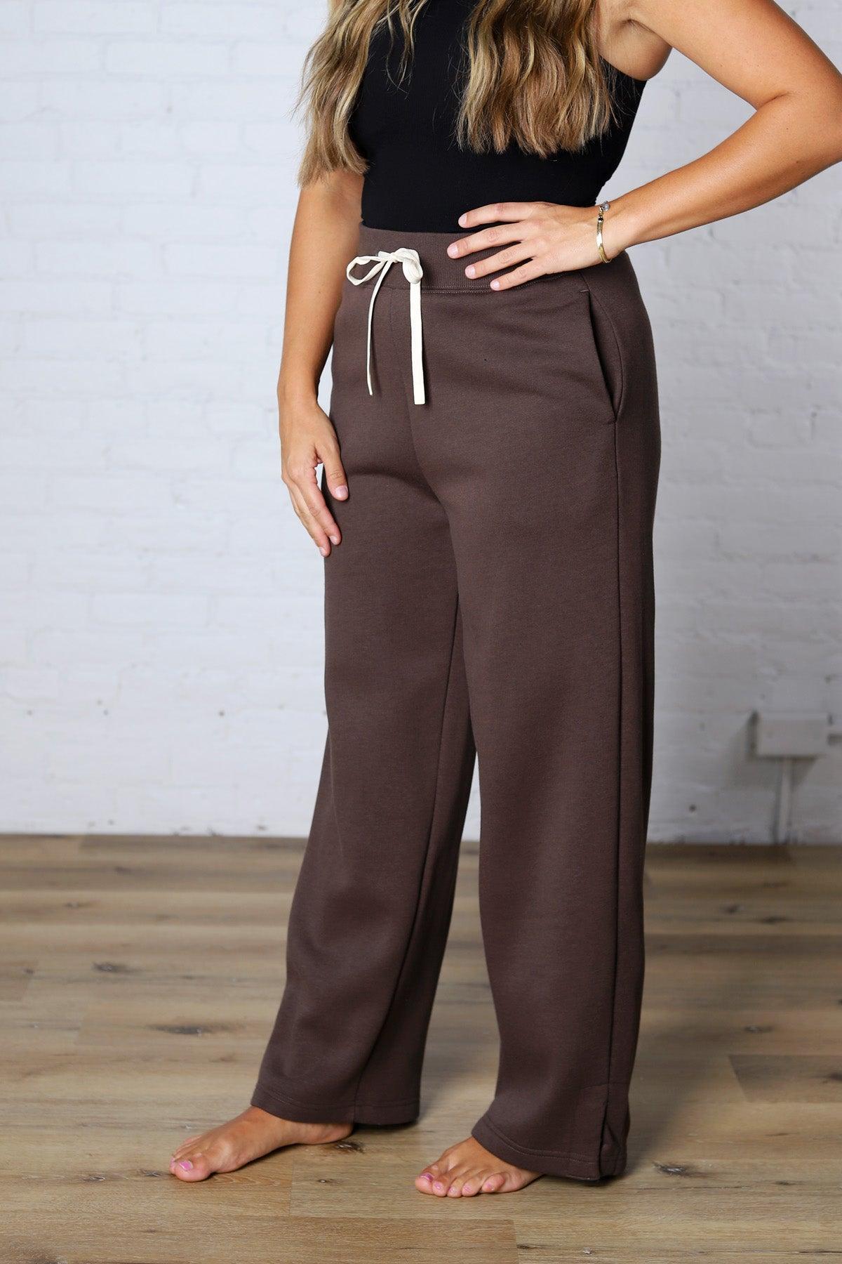 Kassidy Wide Leg Fleece Pants - Coffee Bean