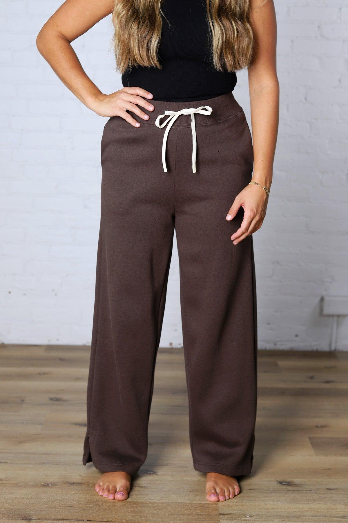Kassidy Wide Leg Fleece Pants - Coffee Bean