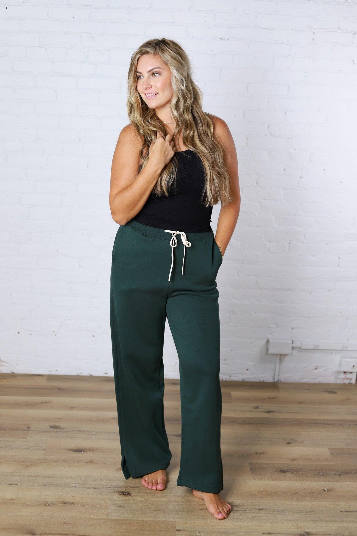 Kassidy Wide Leg Fleece Pants - Pine Grove