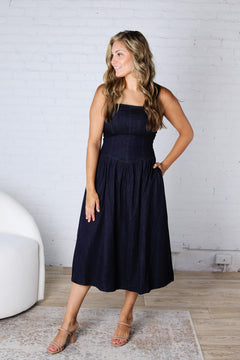 Katy Pointy Waist Midi Dress - Denim - FINAL SALE