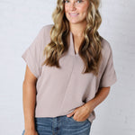 Kelira Split Neck Short Sleeve Top - Ash Mocha