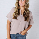 Kelira Split Neck Short Sleeve Top - Ash Mocha